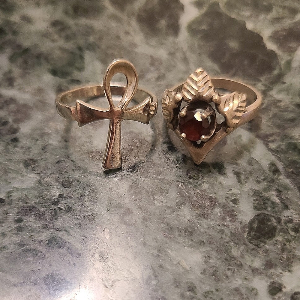 Lot of 2 Sterling Silver Rings Ankh and Garnet Size 5-5.5